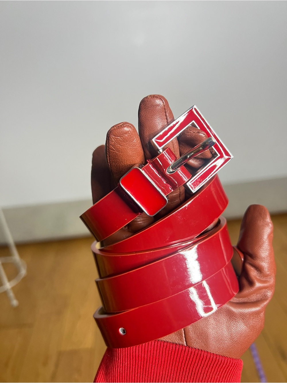 Vintage Red Patent Leather Belt with Silver Square Buckle